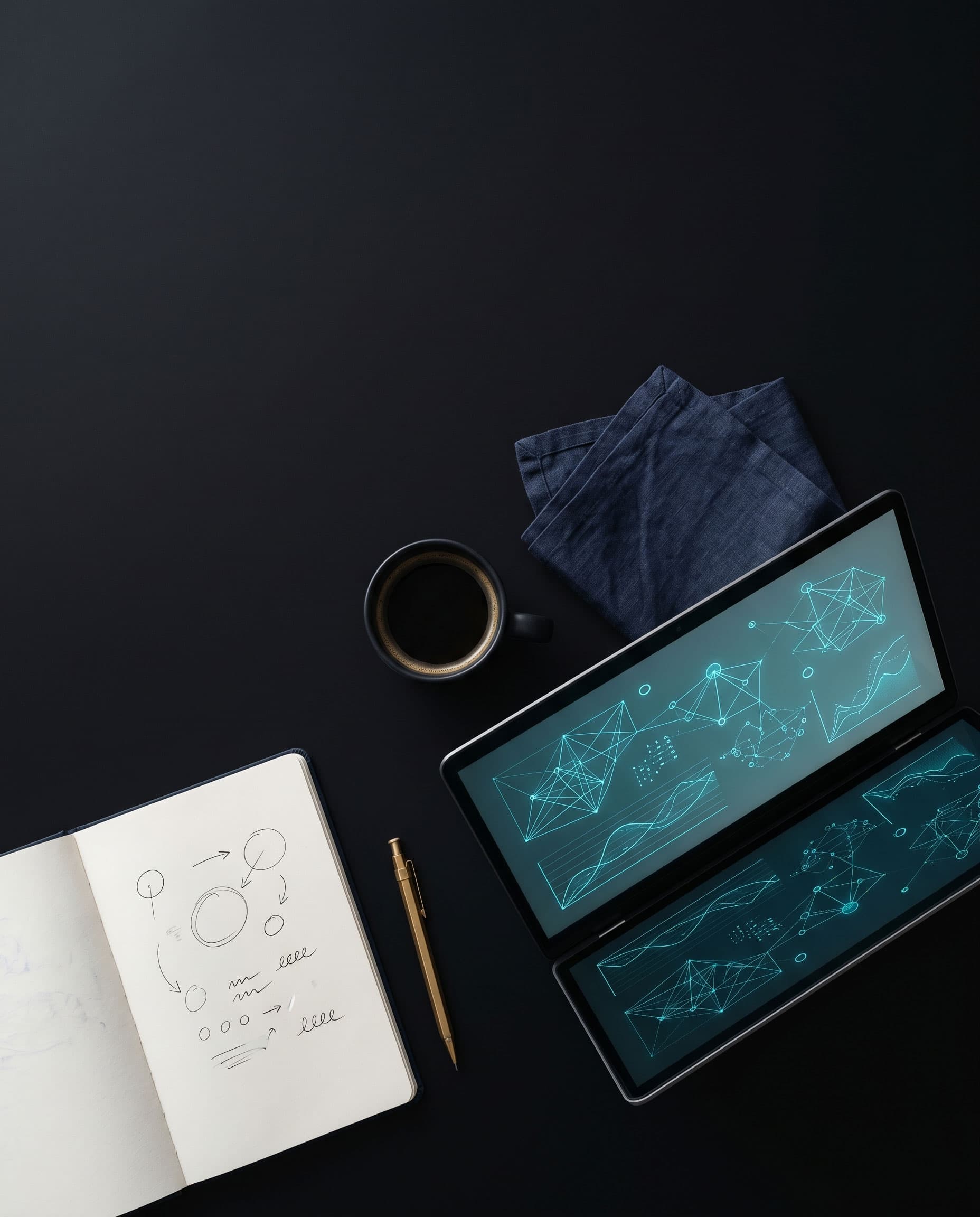 An operator's workspace: laptop with analytics, notebook with workflow diagrams, brass pen